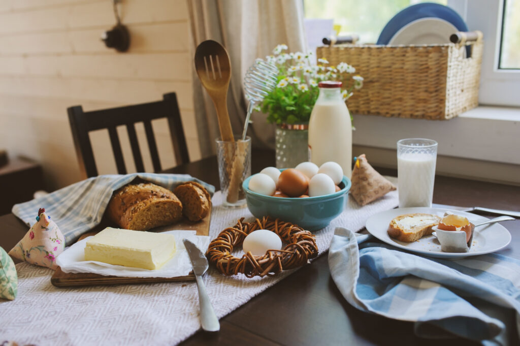 rustic table with breakfast spread